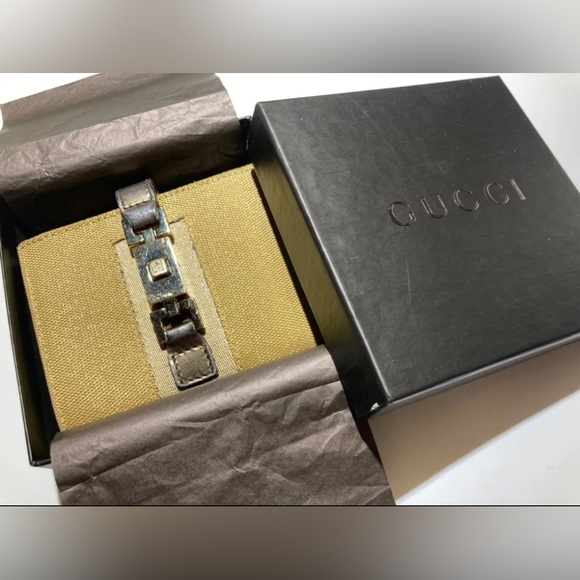 VINTAGE GUCCI JACKIE CHERIE GOLD LEATHER & CANVAS WALLET - Picture 1 of 10